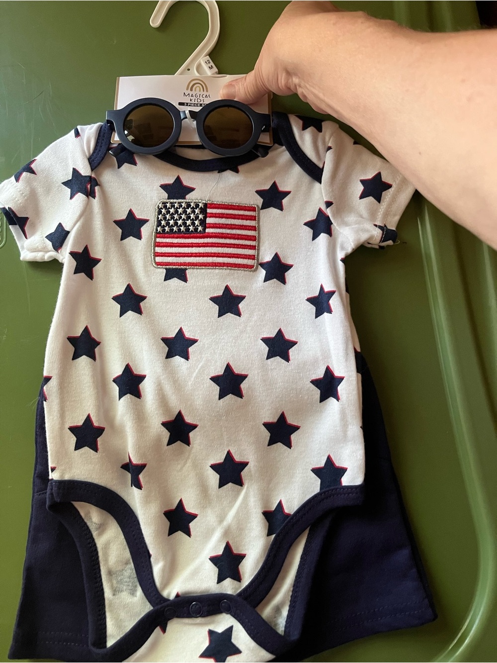 White & Navy Star-Print Baby boy  Matching Set with Flag Patch